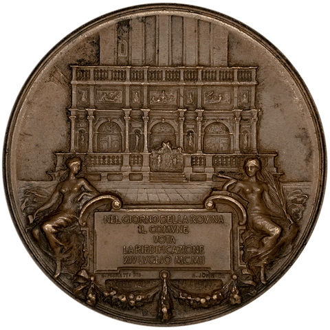 1912, Italy, Venice. Beautiful St Mark's Campanile Rebuilding Bronze Medal - XF/AU