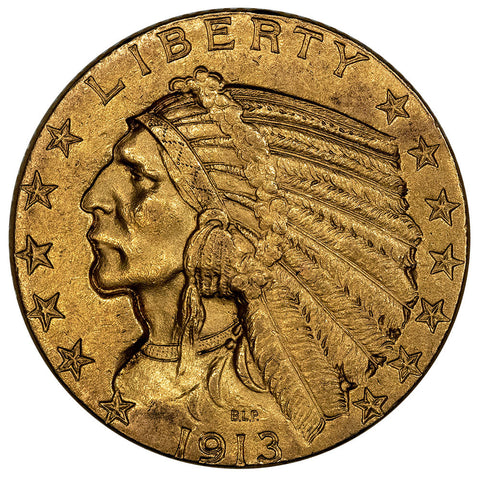 1913 $5 Indian Half Eagle Gold Coin - About Uncirculated+