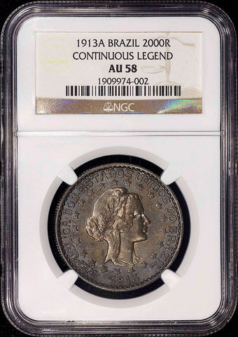 Brazil - 1913 Continuous Legend Silver 2000 Reis - KM.514 - NGC AU 58
