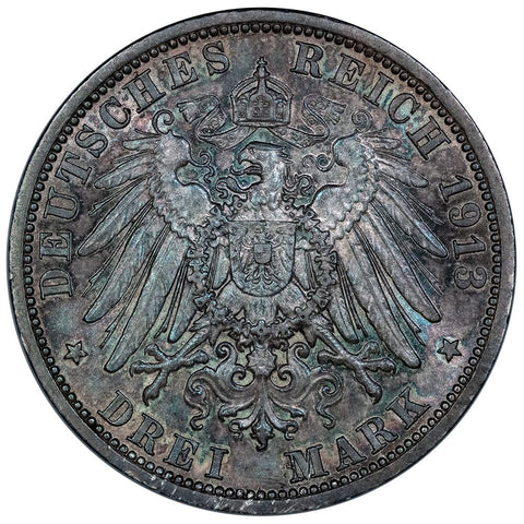 1913-A German States, Prussia Silver 3 Mark KM.535 - About Uncirculated+
