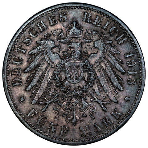 1913-A German States, Prussia Silver 5 Mark KM.536 - About Uncirculated