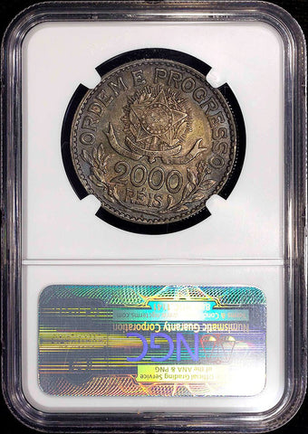 Brazil - 1913 Continuous Legend Silver 2000 Reis - KM.514 - NGC AU 58