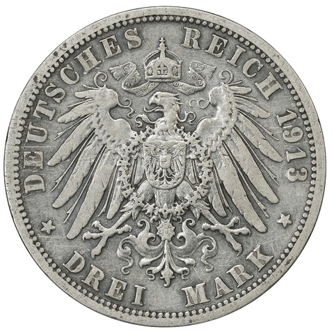 1913-A German States, Prussia Silver 3 Mark KM.535 - Very Fine