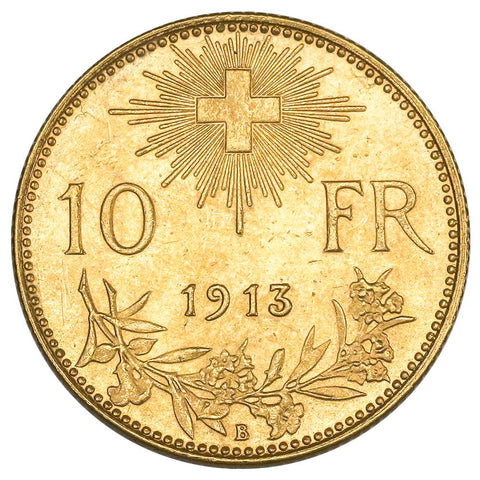 1913-B Swiss "Helvetia" Gold 10 Francs - PQ Brilliant Uncirculated