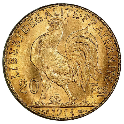 1914 French "Rooster" Gold 20 Franc KM.857 - About Uncirculated