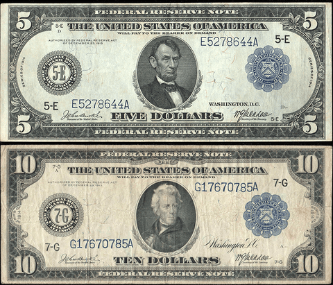 1914 $5 & $10 Federal Reserve Notes Special - Nice Fine to Very Fine