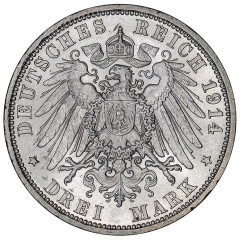 1914-A German States, Prussia Silver 3 Mark KM.538 - Brilliant Uncirculated