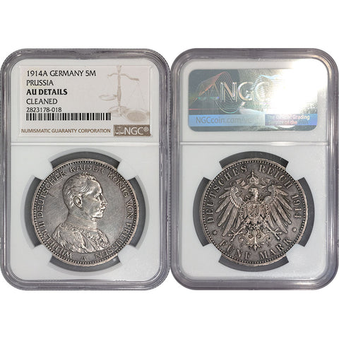 1914-A German States, Prussia Silver 5 Mark KM.536 - NGC AU (Cleaned)