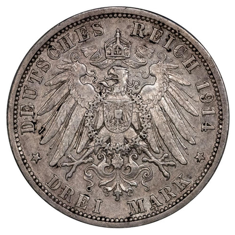1914-A German States, Prussia Silver 3 Marks KM.538 - Very Fine