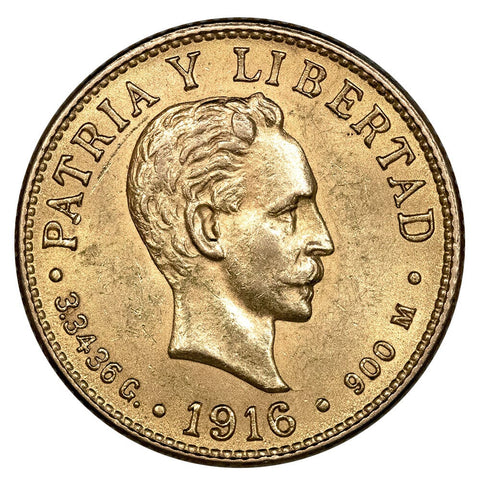 1916 Cuba 2 Pesos Gold Coin KM.17 - About Uncirculated
