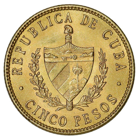 1916 Cuba 5 Pesos Gold Coin KM.19 - PQ Brilliant Uncirculated