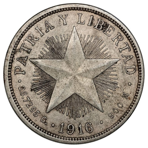 1916 Cuba Silver Star One Peso KM. 15.2 - Extremely Fine