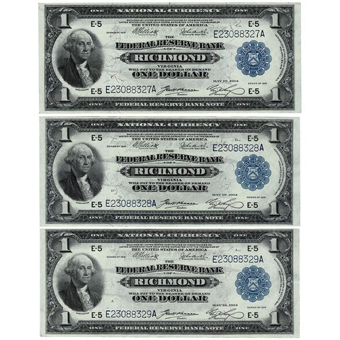 Consecutive Trio of 1918 $1 Richmond Federal Reserve Bank Notes Fr.722 - About Uncirculated