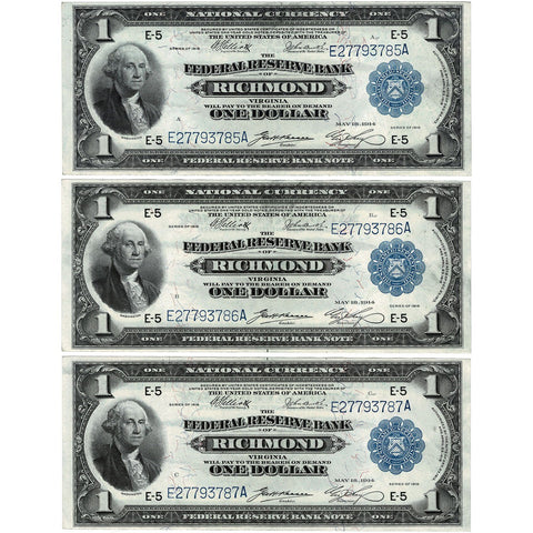 Consecutive Trio of 1918 $1 Richmond Federal Reserve Bank Notes Fr.722 - Choice Very Fine+