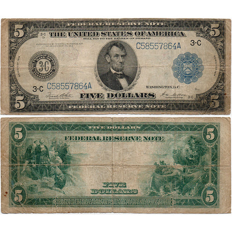1914 $5 Philadelphia Federal Reserve Bank Note Fr.855A - Very Good