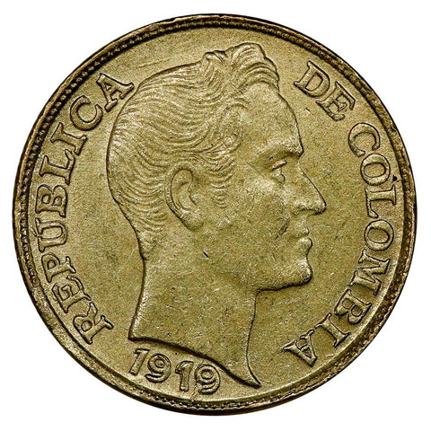 1919 Colombia Gold 5 Pesos KM. 201.1 Doubled Die Rev. - About Uncirculated