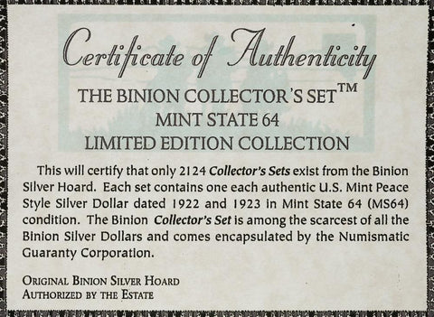 Binion Set of 1922 & 1923 Peace Dollars with COA and Box - NGC MS 64