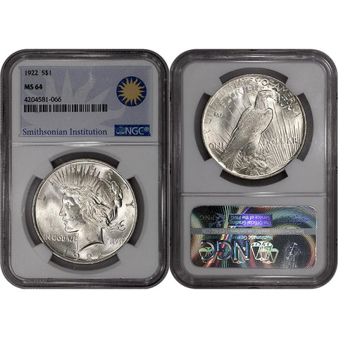 1922 Peace Dollar in NGC MS 64 - Smithsonian Institution Label