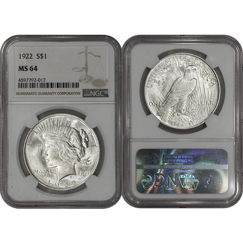 1922 Peace Dollar in NGC MS 64 - Choice Brilliant Uncirculated