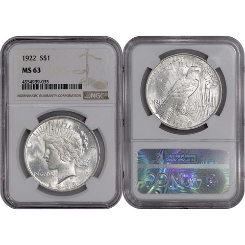 1922 Peace Dollar in NGC MS 63 - Choice Brilliant Uncirculated