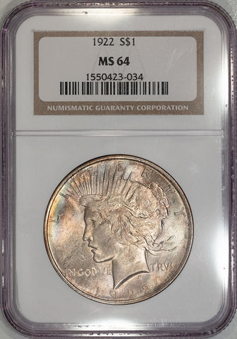 1922 Peace Dollar- NGC MS 64 - Prettily Toned Choice Uncirculated