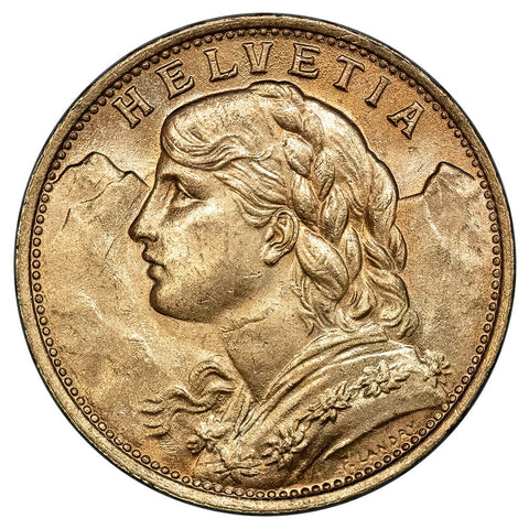 1922-B Swiss Helvetia Gold 20 Francs - PQ Brilliant Uncirculated