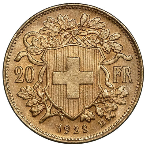 1922-B Swiss Helvetia Gold 20 Francs - PQ Brilliant Uncirculated