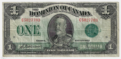 1923 $1 Dominion of Canada Group 2 Green Seal DC-25j ~ Very Fine