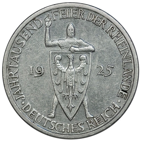 1925-F Germany, Weimar Republic Silver 3 Reichsmarks KM.46 - AU Details (cleaned)