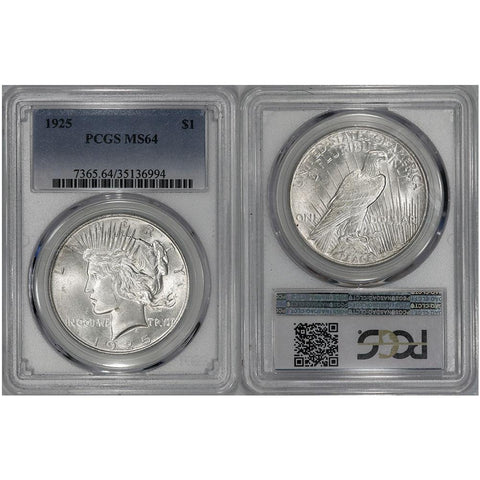 1925 Peace Dollar in PCGS MS 64 - Choice Brilliant Uncirculated