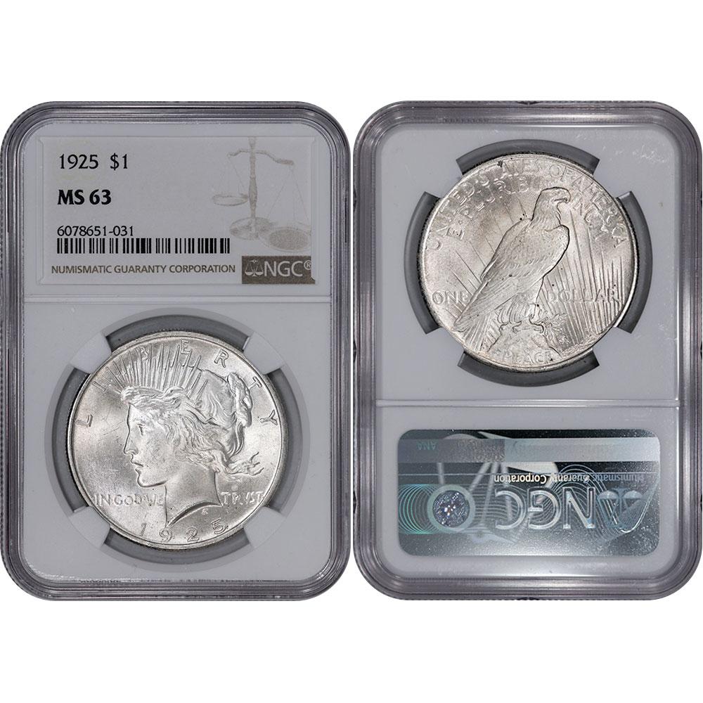 Certified Peace Silver Dollar 1925 MS63 NGC