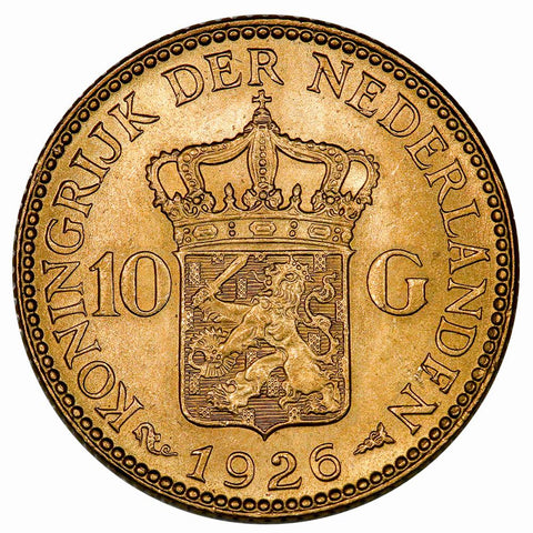 1926 Netherlands Wilhelmina I Gold 10 Gulden - KM.162 - Brilliant Uncirculated