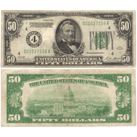 1928 $50 Federal Reserve Note Cleveland District FR. 2100D - Fine+
