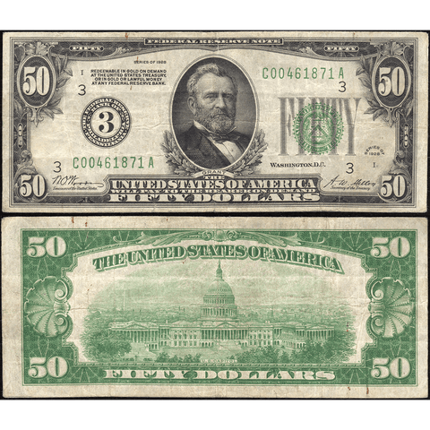 1928 $50 Federal Reserve Note Philadelphia District FR. 2100C - Very Fine Details