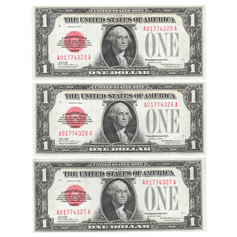 Three Consecutive 1928 $1 Legal Tender Note Fr. 1500 - Crisp Uncirculated