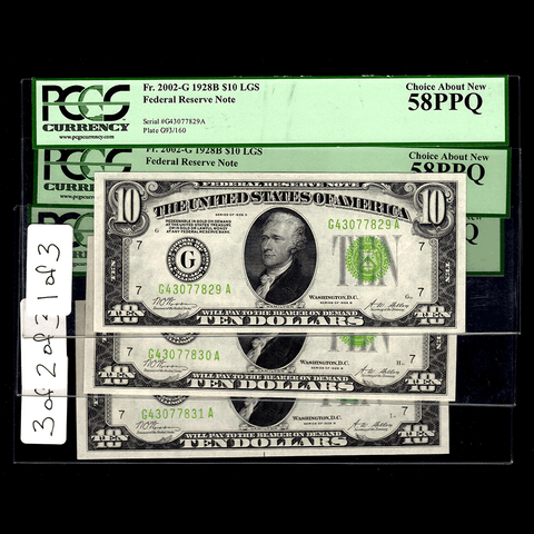 3 Consecutive 1928-B $10 Federal Reserve Note Chicago District FR. 2002-G - PCGS 58 PPQ