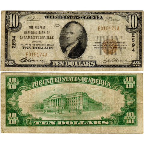 1929 T.1 $10 Peoples National Bank of Charlottesville, VA 2594 - Very Good+