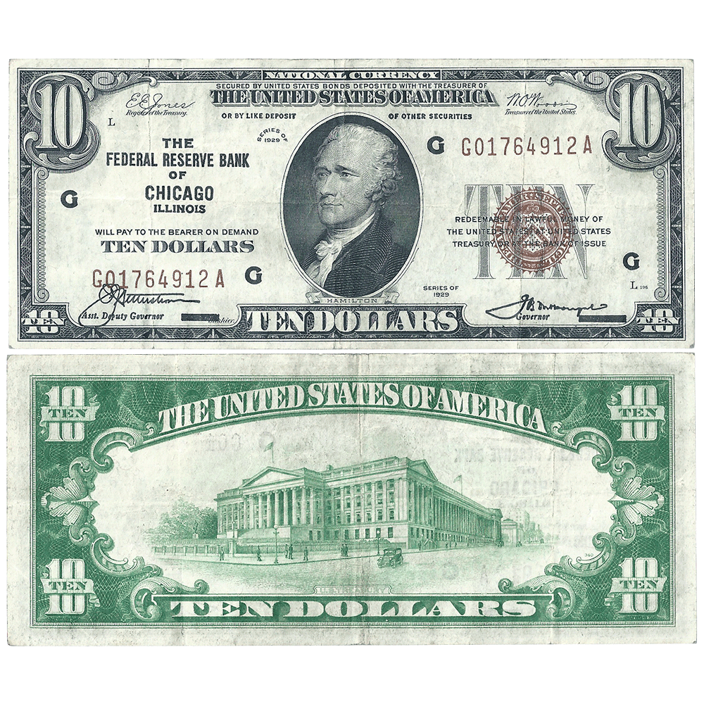 1929 $10 Chicago Federal Reserve Bank Note Fr.1860-G - Very Fine