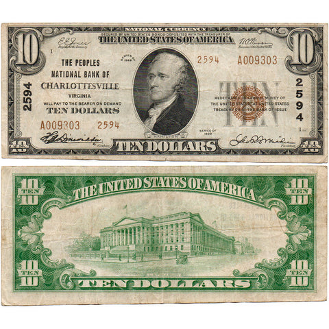 1929 T-2 $10 Peoples National Bank of Charlottesville, VA 2594 - Very Fine