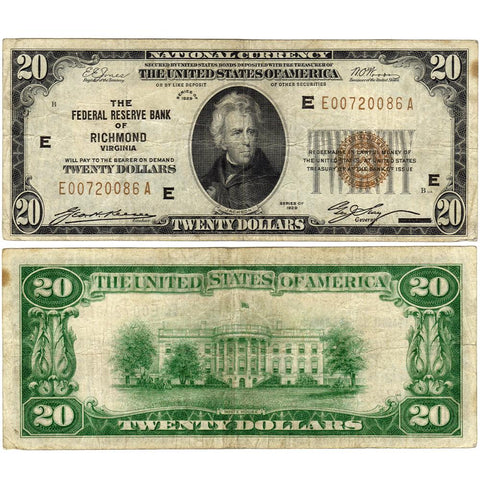 1929 $20 Federal Reserve National Bank Note, Richmond Fr. 1870-E - Very Fine
