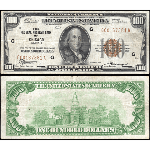 1929 $100 Chicago Federal Reserve Bank Note Fr.1890-G ~ Crisp Very Fine