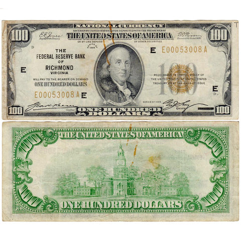 1929 $100 Richmond Federal Reserve Bank Note Fr.1890-E - Net Fine
