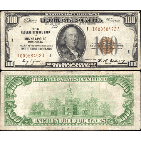 1929 $100 Minneapolis Federal Reserve Bank Note Fr.1890-I ~ Fine/Very Fine