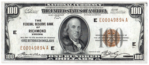 1929 $100 Richmond Federal Reserve Bank Note (FR.1890E) ~ Choice Crisp Uncirculated