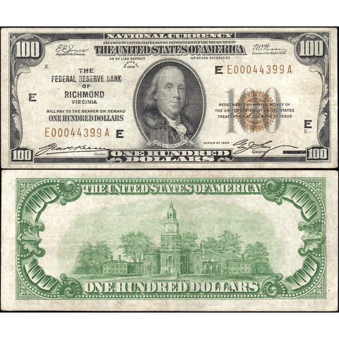 1929 $100 Richmond Federal Reserve Bank Note Fr.1890-E ~ Crisp Very Fine