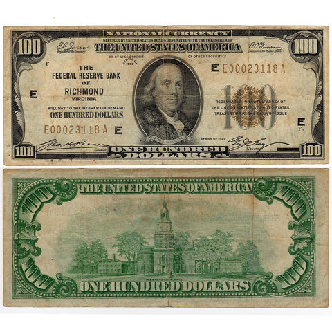 1929 $100 Richmond Federal Reserve Bank Note Fr.1890-E ~ Fine/Very Fine