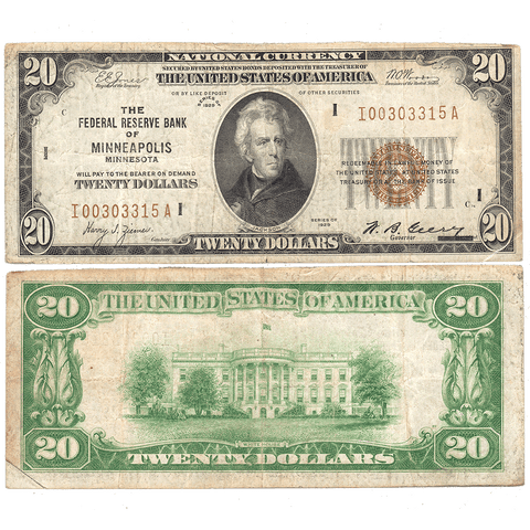 1929 $20 Federal Reserve National Bank Note, Minneapolis Fr. 1870-I - Very Good