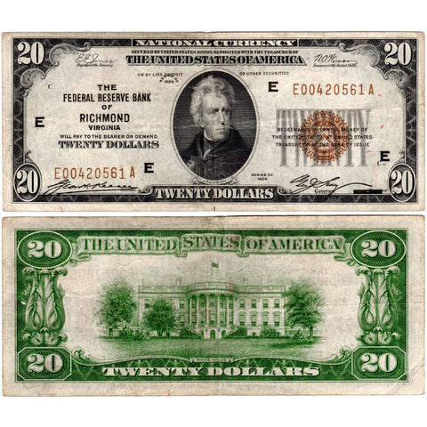 1929 $20 Richmond Federal Reserve Bank Note Fr. 1870-E - Very Fine