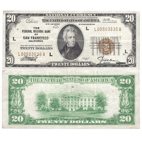 1929 $20 Federal Reserve National Bank Note, San Francisco Fr. 1870-L - Choice Very Fine
