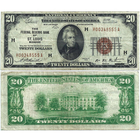 1929 $20 Federal Reserve National Bank Note, St. Louis Fr. 1870-H - Very Fine